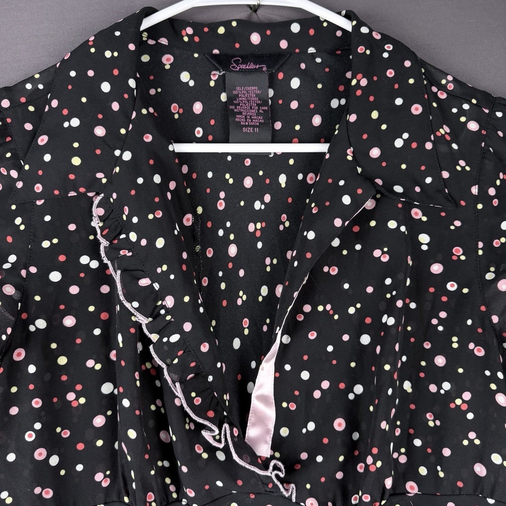 Speechless 11 A-Line Dress Black Polka Dot Ruffle Flutter Sleeve Collared - Picture 3 of 13